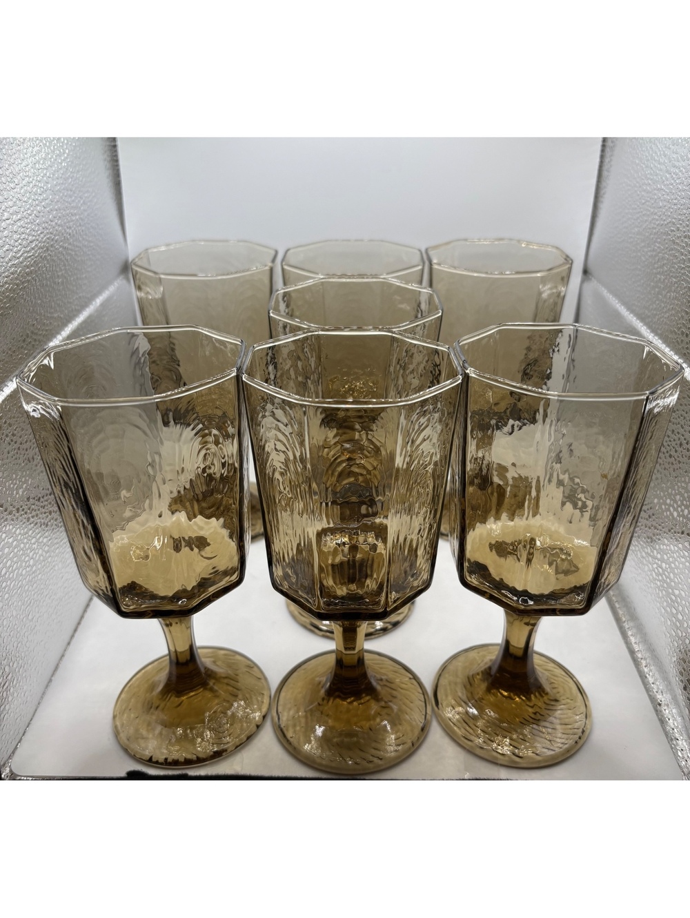 Vintage Amber Paneled Water Goblets Set of 7 Faceted Stemware 7"